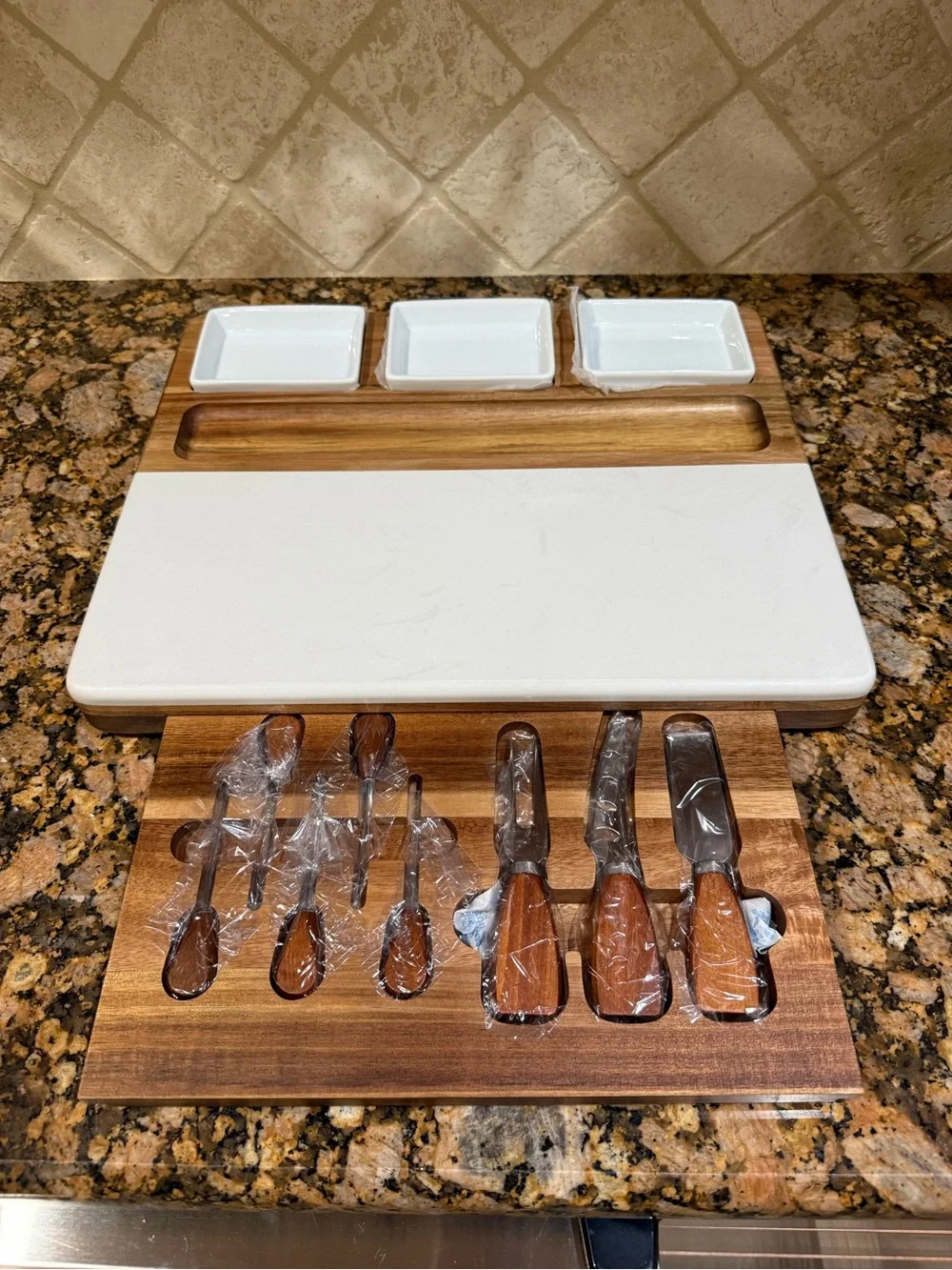 Wood & Marble Cheese Serving Board Set with White Ceramic Dishes
